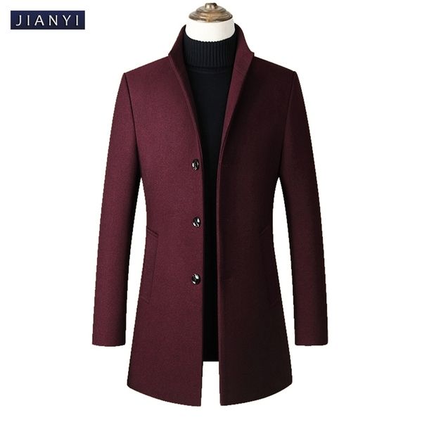 

men wool blends coats autumn winter new solid color men's wool jacket mid-length single-breasted stand-collar coat 201223, Black