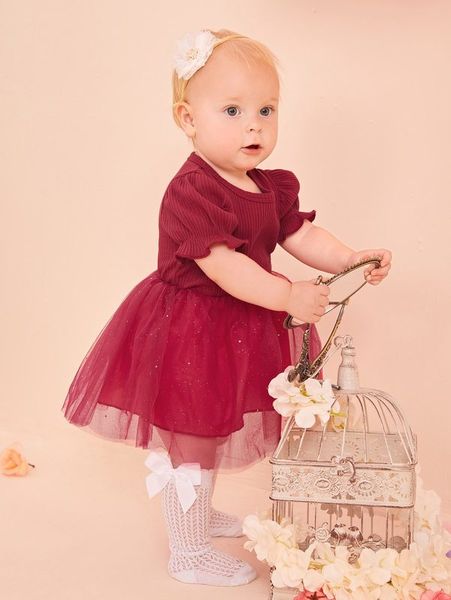 

baby rib knit puff sleeve mesh overlay dress she, Red;yellow