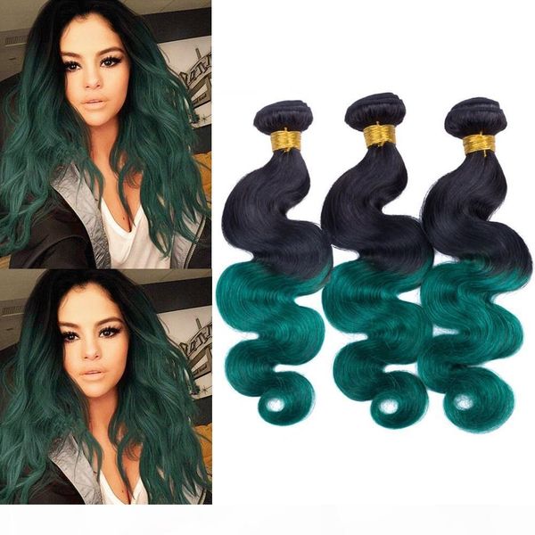 

ombre dark green malaysian human hair body wave weave bundles 3pcs lot #1b green dark roots ombre human hair wefts extensions mixed length, Black