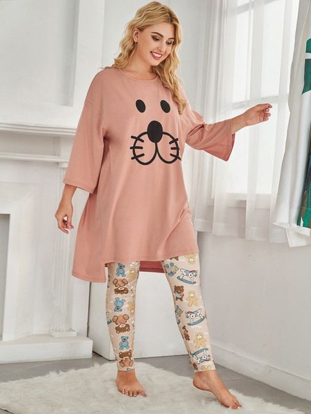 

plus asymmetrical hem cartoon graphic and leggings pj set p3pu#, Black;white