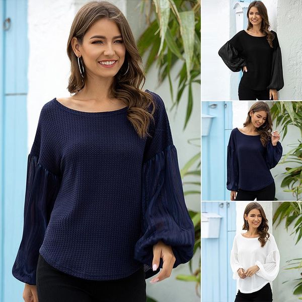 

women's long puff sleeve round neck casual solid crop blouse sweatshirt, White