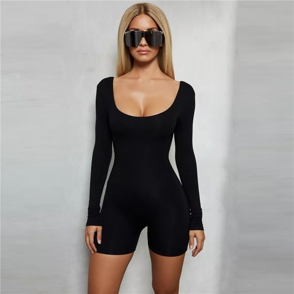 Seksi Bayan Uzun Kollu Katı Bodysuit Streç Bayanlar Leotard Vücut Backless Playsuits Tops Ince Tulum Blusa Tulum T200527