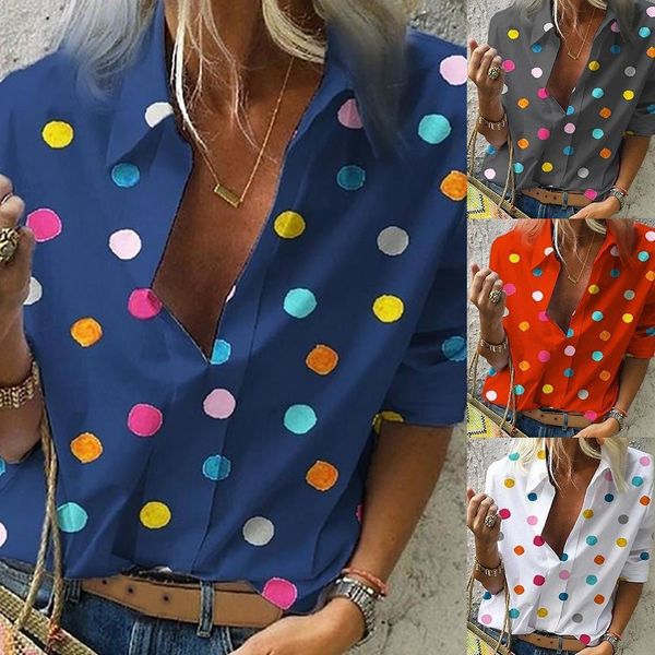 

fashion dot print ladies shirt autumn colorful blusas long sleeve casual women boho chemisier femme button blouse mujer 2019, White