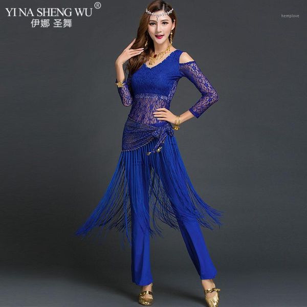 

lace belly dance costumes long sleeve v-neck bellydance set dance practice clothes women dancer clothing tassel hip scarf belt1, Black;red