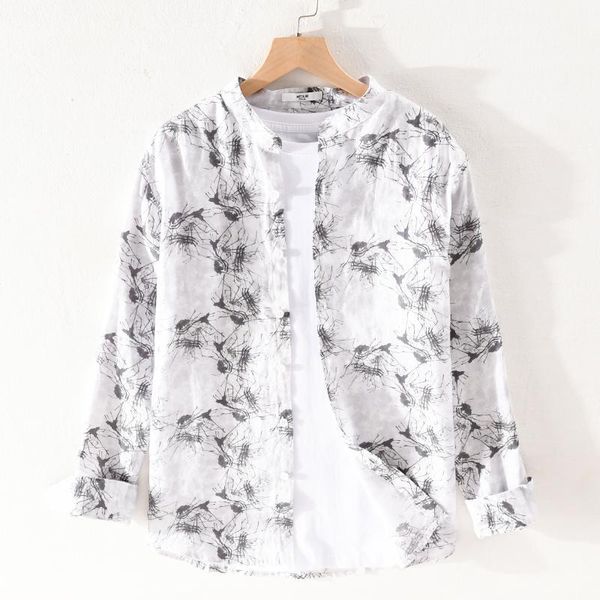 

long-sleeved stand collar summer white pure linen shirt for men causal italy style shirt mens brand comfortable shirts male1, White;black