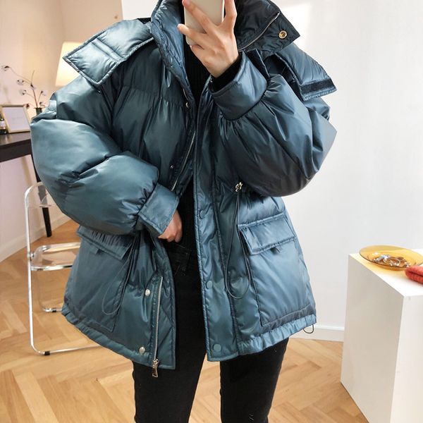 

2021 new winter long sleeve windproof warm lace-up slim waist blue hooded feminino women coat 261n, Black