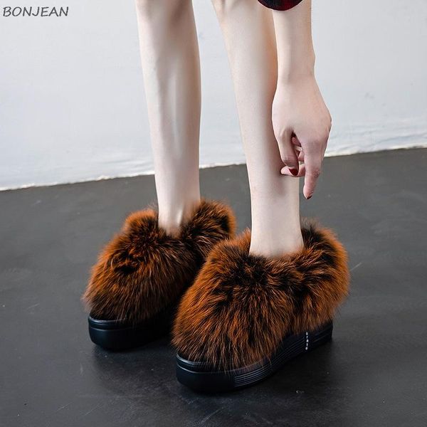 

boots women winter warm antiskid outsole lady long fluff snow fashion fur solid genuine leater real hairy ankle, Black