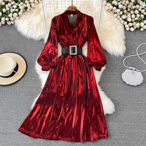 

women party dress vintage spring autumn elegant v-neck lantern long sleeve high waist a-line midi vestidos with sashes 2022 new, Black;gray