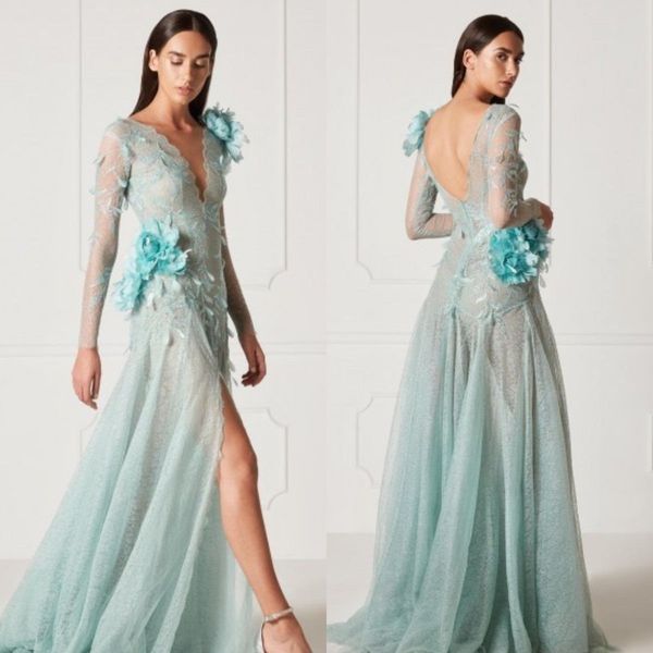 

evening dresses v neck long sleeve lace appliques prom gowns 2020 custom made sweep train a line special occasion dress hamda al fahim, Black;red