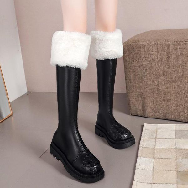 

lucyever pu leather long knee high boots women warm short plush thick heels shoes woman waterproof platform boots, Black