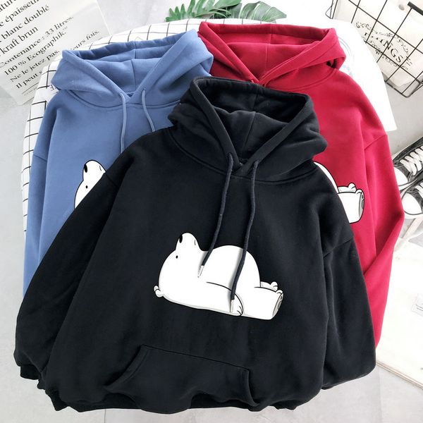 

2021 new female winter hoodies white bear impression cartoon pink ladies'nightgown long oversize hoodie loose clothes w7sx, Black