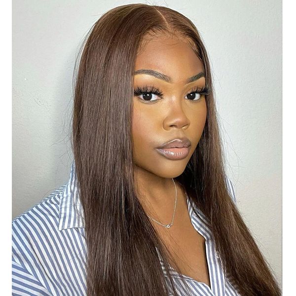 

brazilian #4 dark brown silk straight full lace human hair wigs for women 150density long glueless 13x6 360 lace frontal wigs remy, Black