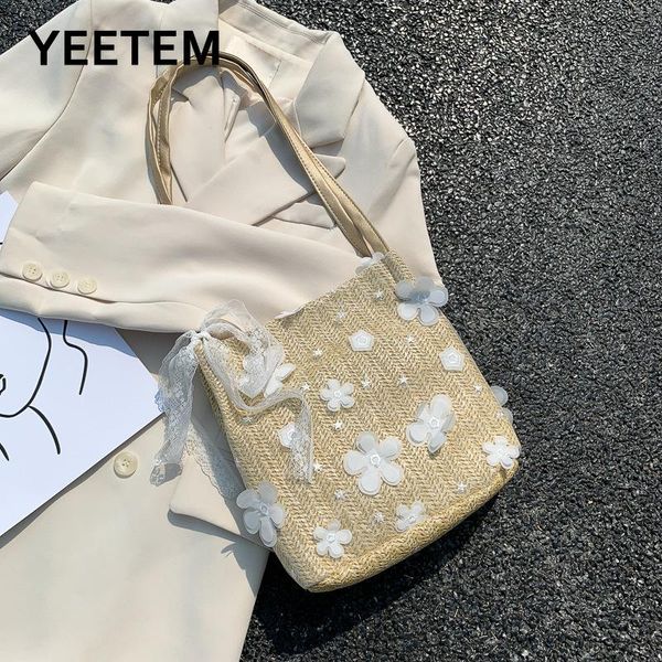 

large-capacity handbags fashion korean version of wild lace small white flowers and straw woven bag fashion woven shoulder bag