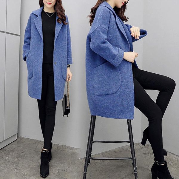

women's wool & blends fashion warm women jacket pockets single breasted long solid korean coats, Black