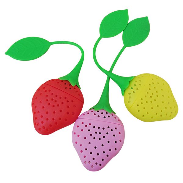 Silikon-Tee-Werkzeuge, niedliche Erdbeerform mit Blatt, Teesieb, Kräutergewürz-Ei, Filter, umweltfreundlich, 3 Farben