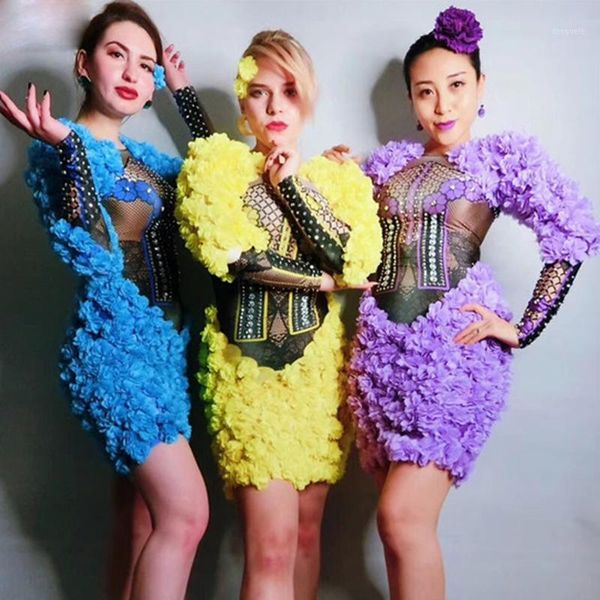 

2020 3 colors flowers rhinestones dress women's birthday celebrate dance outfit evening bar stage singer outfit dress dn11781, Black;red