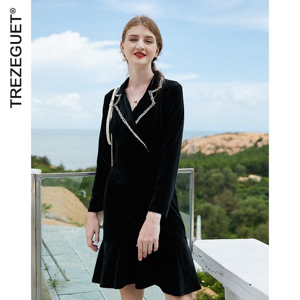 

fall / winter 2020 new women's loose color contrast suit collar korean high waist velvet long sleeve dress for women 1883