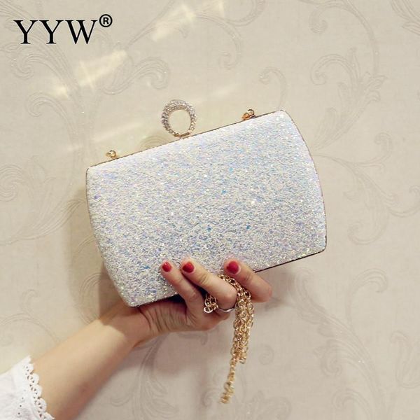 

2020 women white sequins chain handbag sparkling party finger ring evening envelope clutch bag hard wallet tote purse