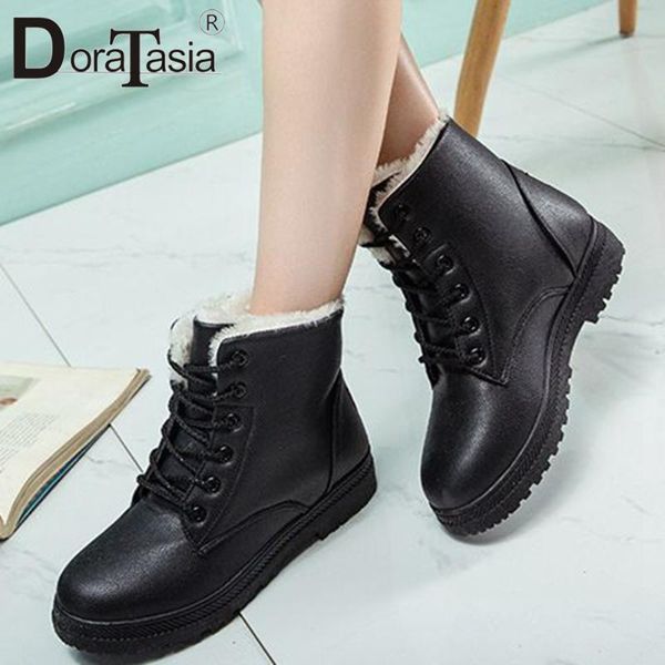 

doratasia new fashion ladies snow boots round toe chunky heels lace up plush ankle boots women winter warm fur shoes woman, Black