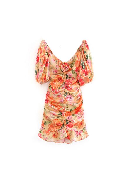 

2021 new orange large flower plied in vintage satin above the knee vest waist v-neck lantern dress women's holiday mvvi, Black;gray