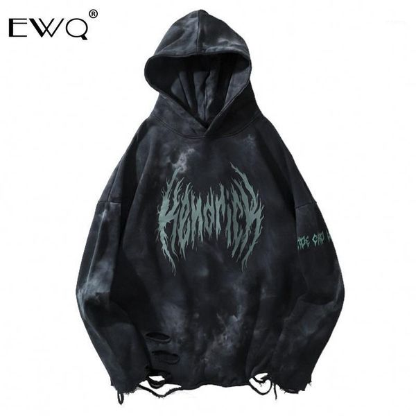 

ewq / hip hop destroyed ripped hooded sweatshirt hoodies streetwear oversize casual men women fashion pullover hoodie 9y3661, Black