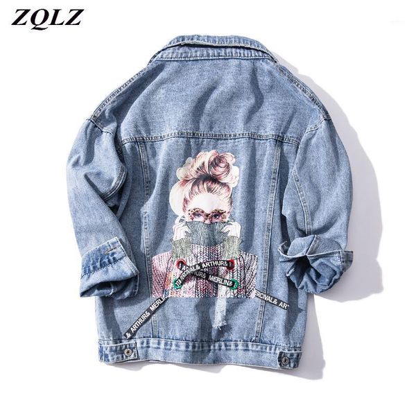 

zqlz plus size denim jacket women 2020 new loose harajuku autumn jeans coat female print casual outwear frayed beading coats1, Black;brown