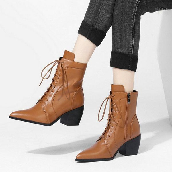 

deat 2021 new autumn and winter fashion casual side zipper pointed thick heel lace up short boots women high heels sh1171, Black