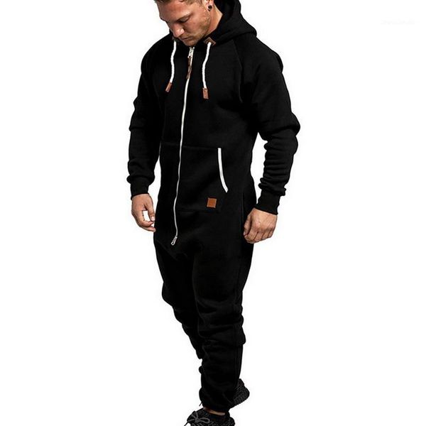 

running sets vertive men one piece set pure color splicing hoodie jumpsuit casual print sweatsuit zip loose trousers gym set1, Black;blue
