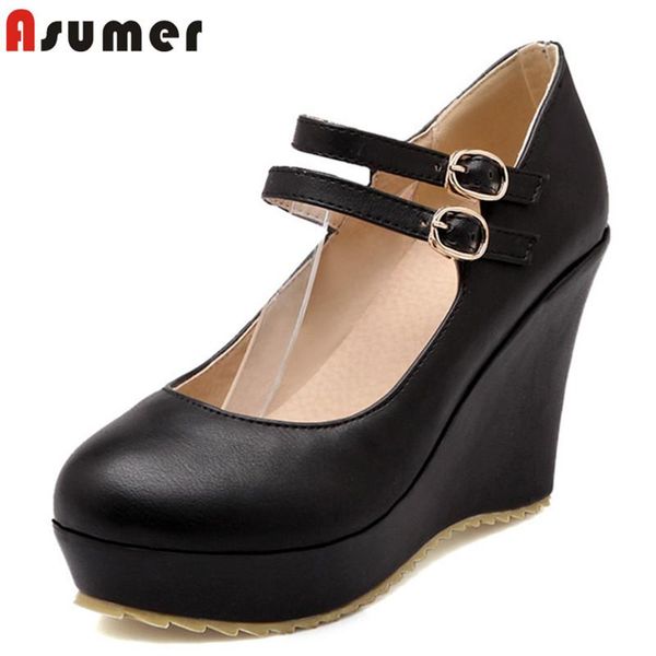 

asumer 2020 new arrive wedges platform shoes ladies spring summer round toe pu buckle single shoes women pumps big size 43, Black