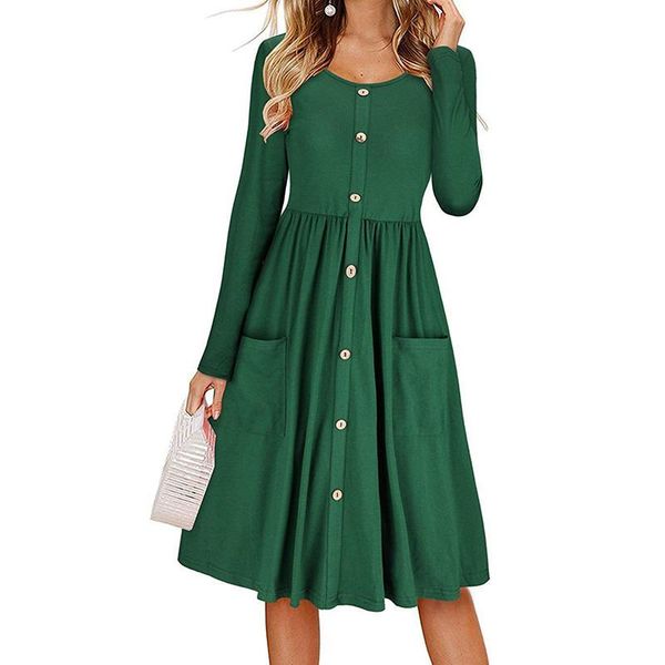 

women solid color round neck long sleeve dress spring autumn fashion casual ladies elegant pockets buttons tunic waist dresses, Black;gray
