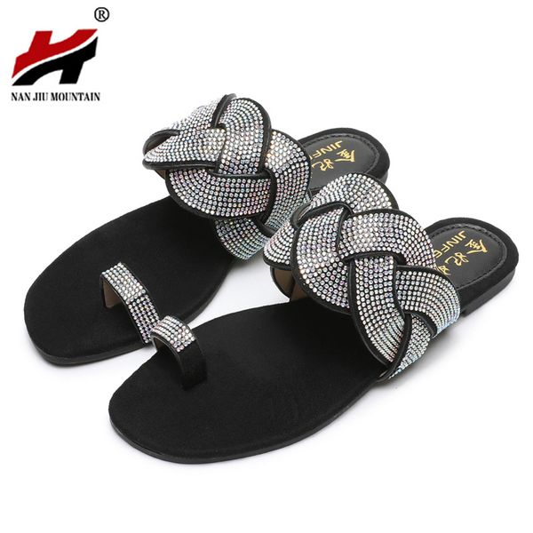 

nan jiu mountain 2020 summer women's flat slippers roman rhinestone sandals toe beach shoes plus size x1020, Black