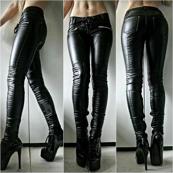 

5xlplus size punk pleated pu leather pencil pants women skinny lace up with zipper medieval retro viking gothic pu trousers, Black;white