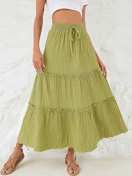 

high waist drawstring shirred frill skirt o1wz#, Black