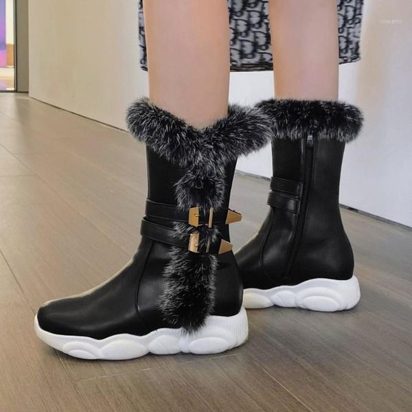 

us4-12 womens round toe fur ankle boots snow warm winter fleece liner belt buckle hidden heel shoes thick plus size black white1