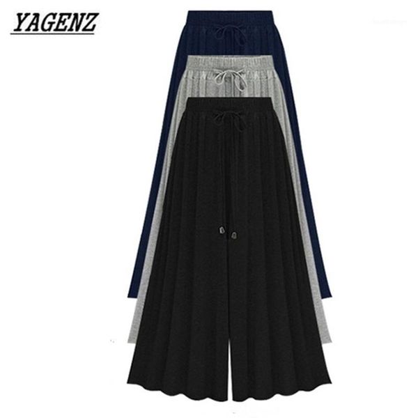 

yagenz 2020 spring summer large size ladies high waist stretch wide leg pants fashion loose casual seven yards pants skirt -8xl1, Black;white