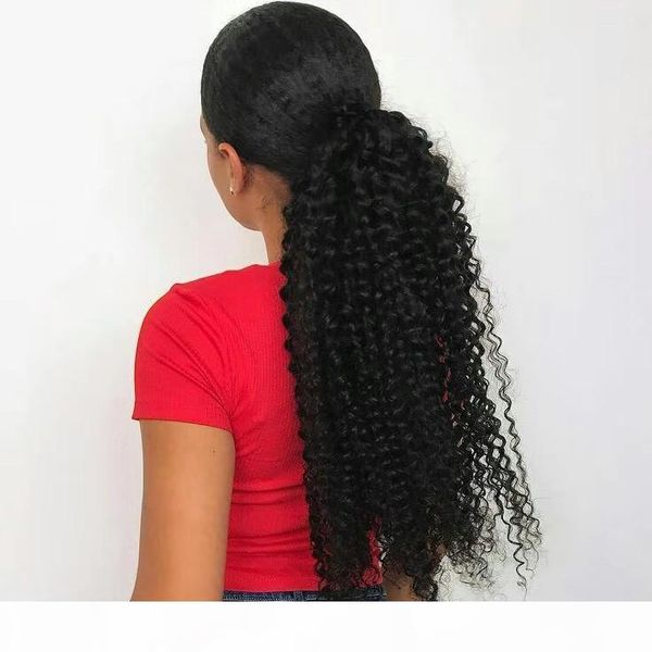 

160g kinky curly ponytail hair extenions clip in unprocessed real brazilian hair ponytail afro curly natural puff human hairpieces for girls, Black