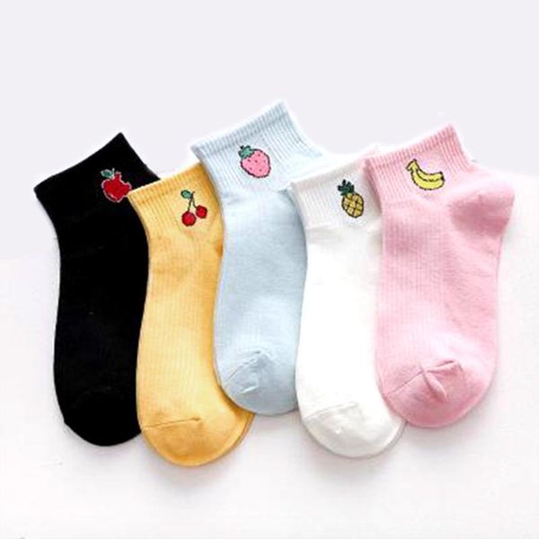 

5 pairs/lot cute fruit pattern cotton socks for women casual solid color black white pink short socks female harajuku style1