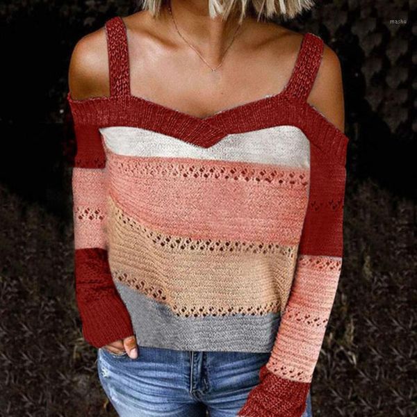 

women long sleeve cold shoulder knitted sweater strappy pullover 20201, White;black