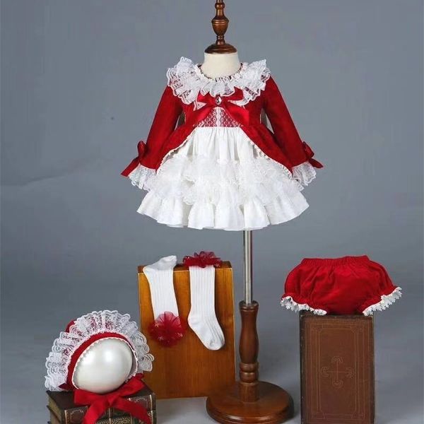 

4 pcs girl autumn winter spring red velvet vintage spanish princess lolita pompom ball christmas birthday wedding party dress t200624, Red;yellow