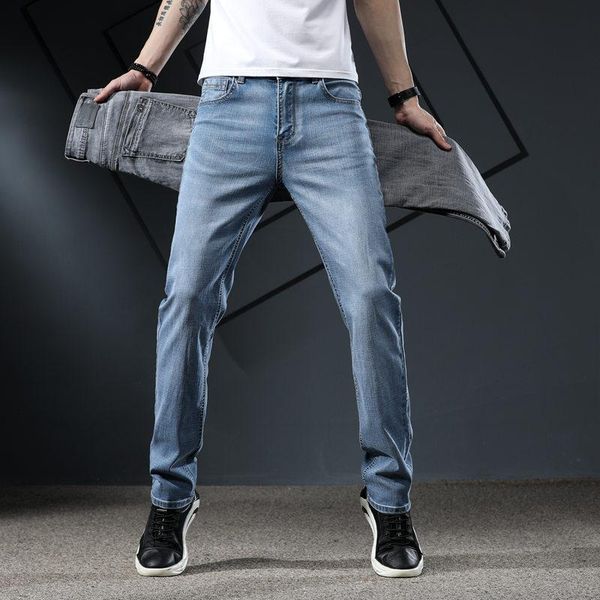 

men's jeans 2021 men straight stretch fashion pants mid waist full length trousers male clothing denim, Blue