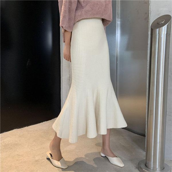 

women's autumn winter knitted long skirt 2020 new high waist knitted mermaid skirt solid hip ruffled knit long ml2761, Black