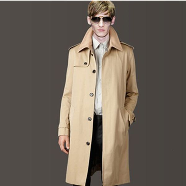 

windbreaker long knee length korean cool lapel fashion two color stitching men's super coat, Tan;black