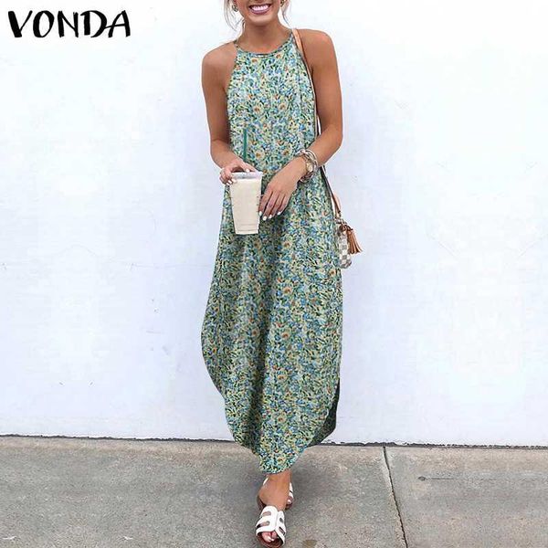 

women asymmetric long dresssleeveless vintage printed maxi dresses 2021 vonda plus size bohemian party vestidos femme robe, Black;gray