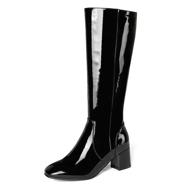 

boots 2021 square high heel knee autumn winter all match long pu leather zipper women shoes big size 34-43, Black