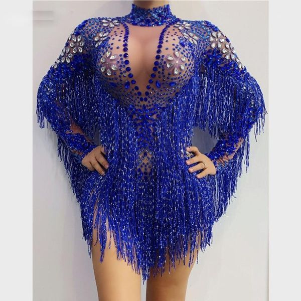 

rhinestones blue bodysuit birthday celebrity long sleeves women singer stage dance costume1, Black;red
