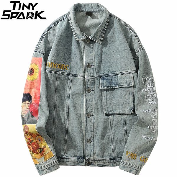

hip hop men denim jackets harajuku streetwear vincent van gogh painting print embroidery denim jean jacket coat washed cotton, Black;brown