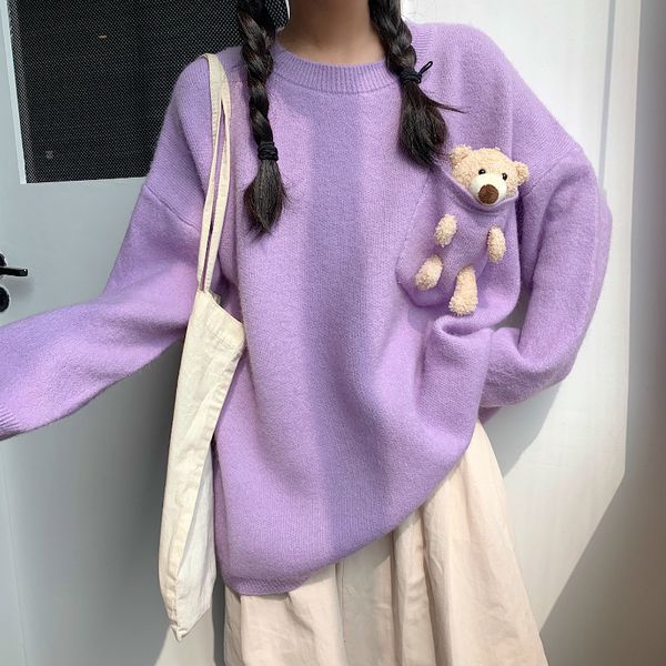 

4 colors new autumn casual women sweater harajuku kawaii doll bear sweater female loose pullover knit mujer, White;black