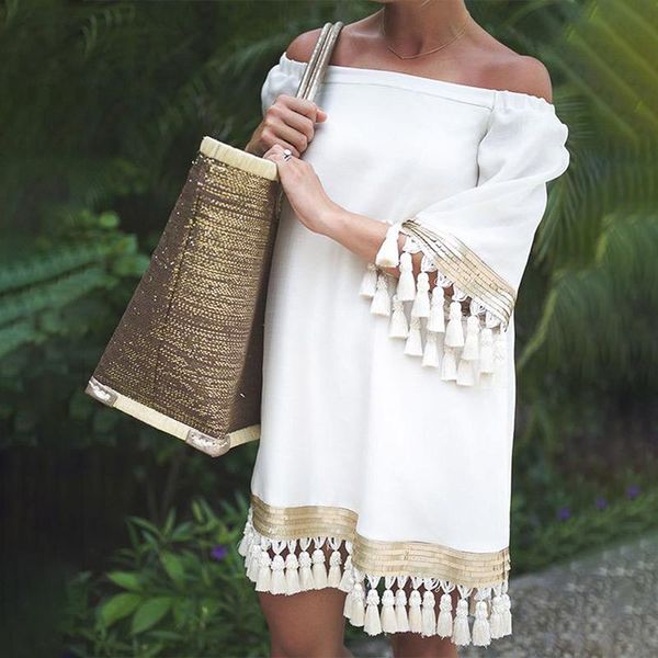 

women's off shoulder 3/4 sleeve mini dress straight tassel patchwork fringed womens dresses 2020 summer solid vintage clothes, White