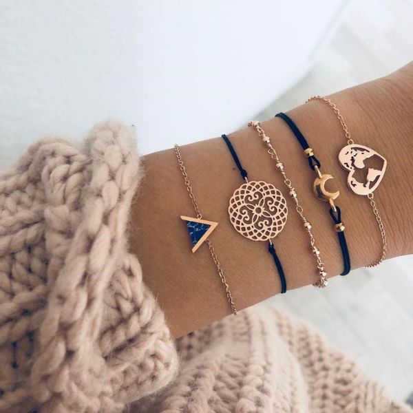 

rinhoo 4pcs/set fashion bohemia leaf knot hand cuff chain charm bracelet black love heart openwork lotus ball leaves bracelet, Golden;silver