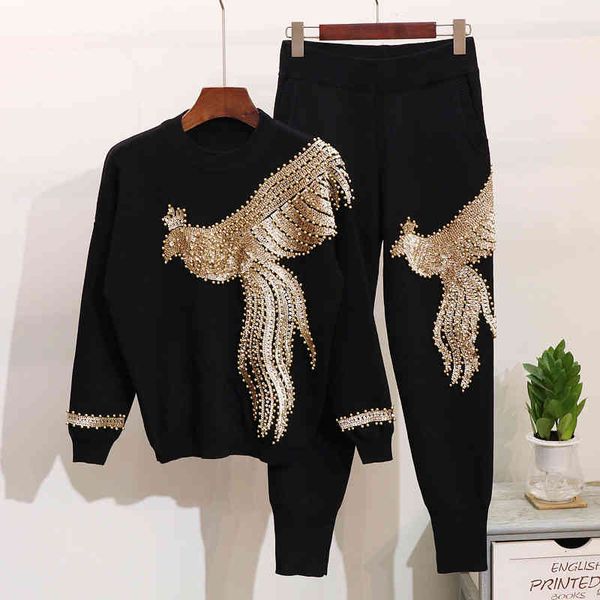

women's tracksuits winter knitted tracksuit pearls phoenix sweater+ knit pants black gray set two piece 2pcs s j1ko